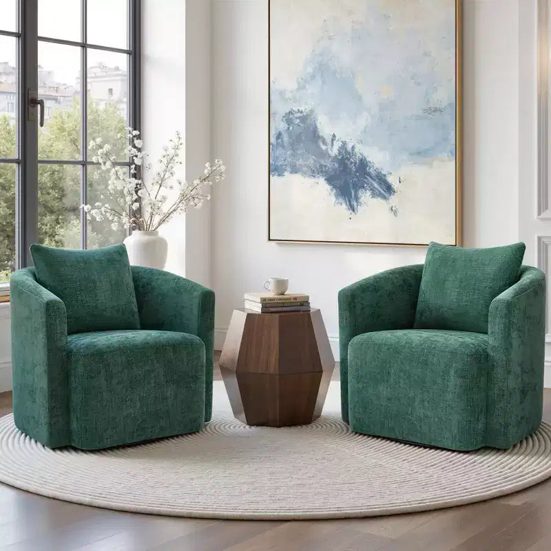Sillón decorativo giratorio completamente ensamblado, sillón tipo barril tapizado en chenilla con cojín, acogedor sillón individual para leer en la sala de estar