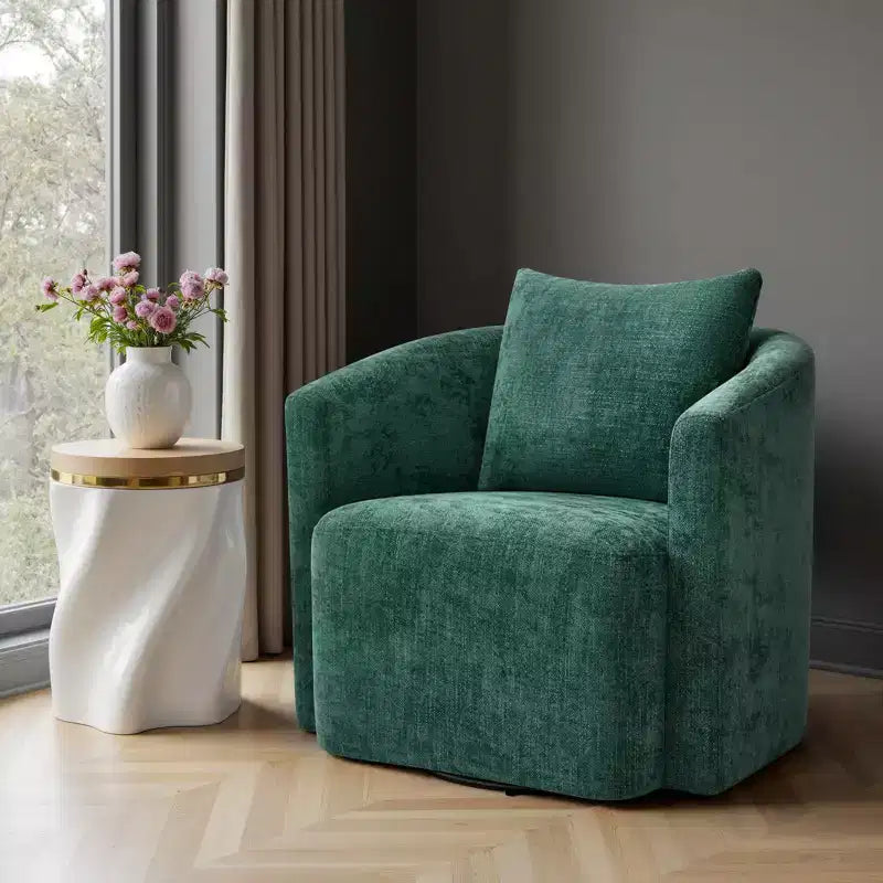Sillón decorativo giratorio completamente ensamblado, sillón tipo barril tapizado en chenilla con cojín, acogedor sillón individual para leer en la sala de estar