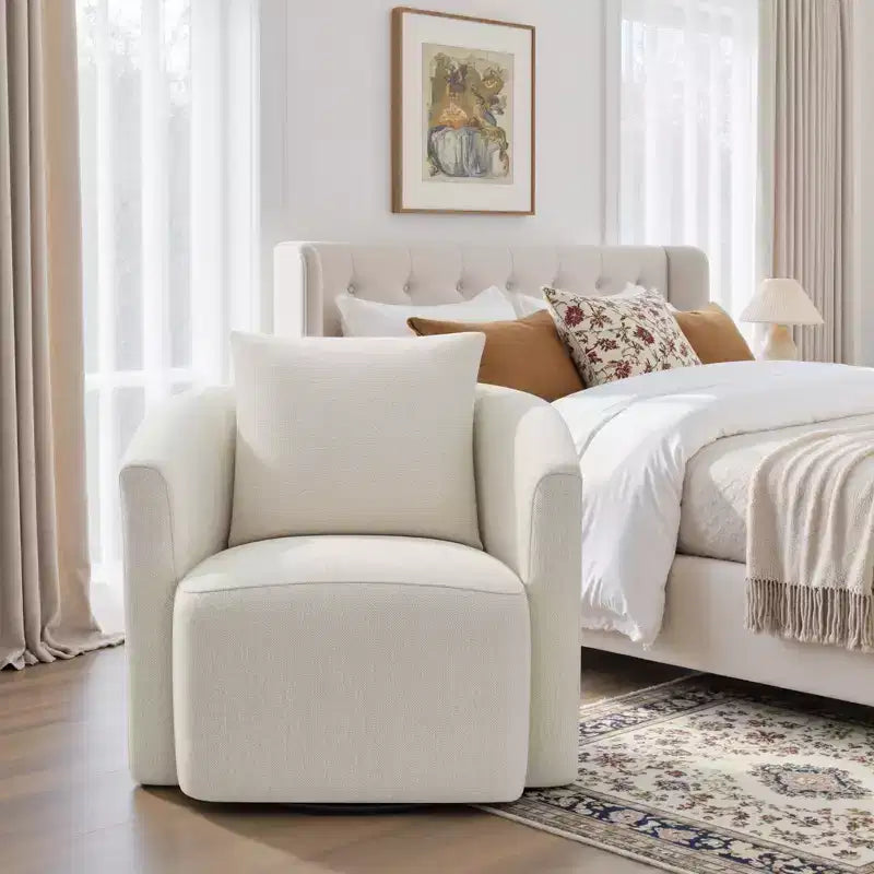 Sillón decorativo giratorio completamente ensamblado, sillón tipo barril tapizado en chenilla con cojín, acogedor sillón individual para leer en la sala de estar