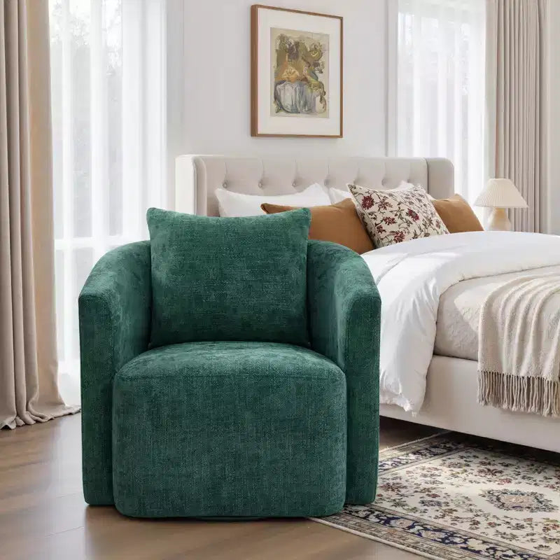Sillón decorativo giratorio completamente ensamblado, sillón tipo barril tapizado en chenilla con cojín, acogedor sillón individual para leer en la sala de estar