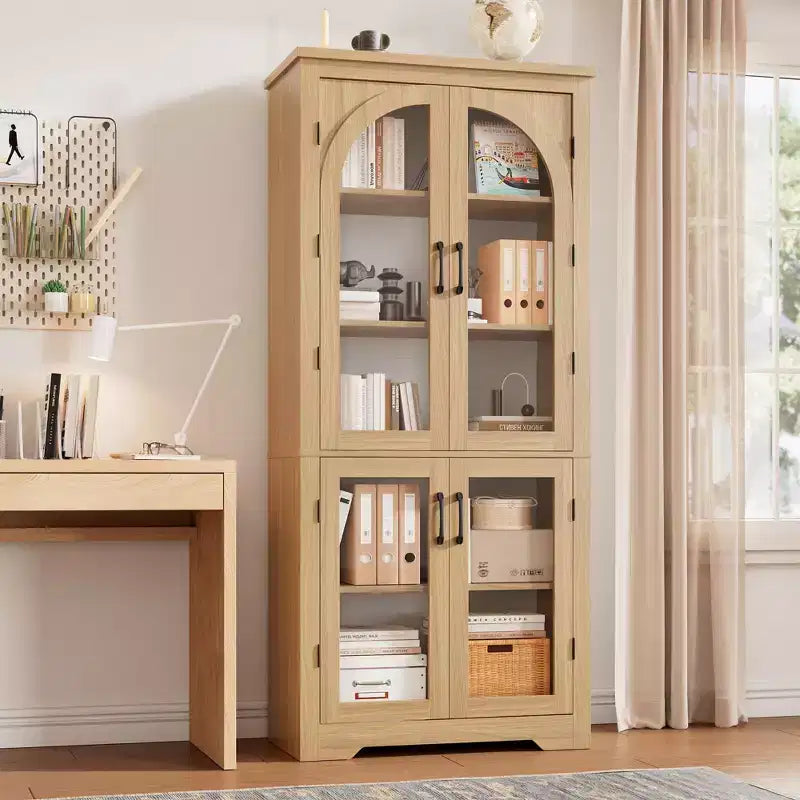 70 hohe Küchenvorratsschrank, moderner Vitrinenschrank mit 4 gewölbten Glastüren und verstellbaren Einlegeböden, für Küche, Wohnzimmer, Esszimmer und Badezimmer