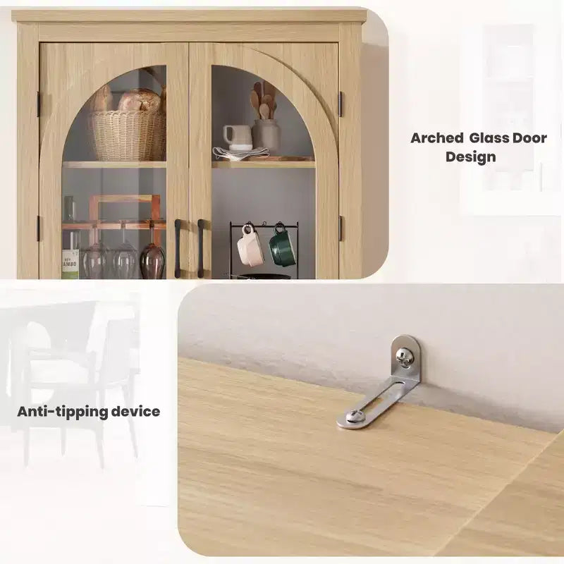 70 hohe Küchenvorratsschrank, moderner Vitrinenschrank mit 4 gewölbten Glastüren und verstellbaren Einlegeböden, für Küche, Wohnzimmer, Esszimmer und Badezimmer