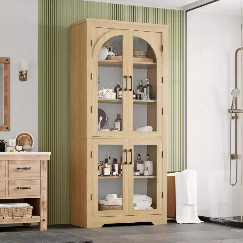 70 hohe Küchenvorratsschrank, moderner Vitrinenschrank mit 4 gewölbten Glastüren und verstellbaren Einlegeböden, für Küche, Wohnzimmer, Esszimmer und Badezimmer