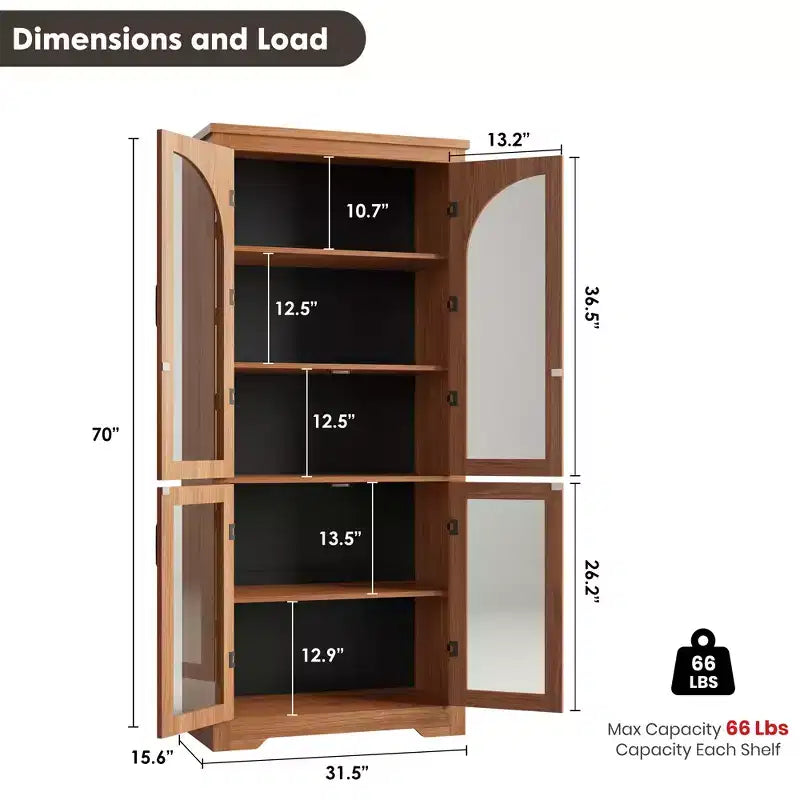 70 hohe Küchenvorratsschrank, moderner Vitrinenschrank mit 4 gewölbten Glastüren und verstellbaren Einlegeböden, für Küche, Wohnzimmer, Esszimmer und Badezimmer