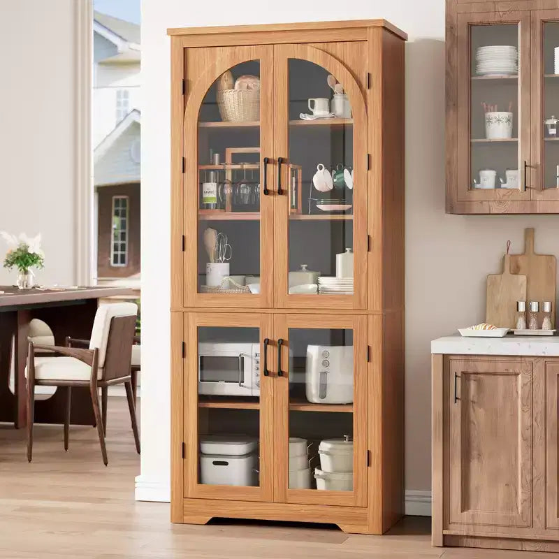 70 hohe Küchenvorratsschrank, moderner Vitrinenschrank mit 4 gewölbten Glastüren und verstellbaren Einlegeböden, für Küche, Wohnzimmer, Esszimmer und Badezimmer