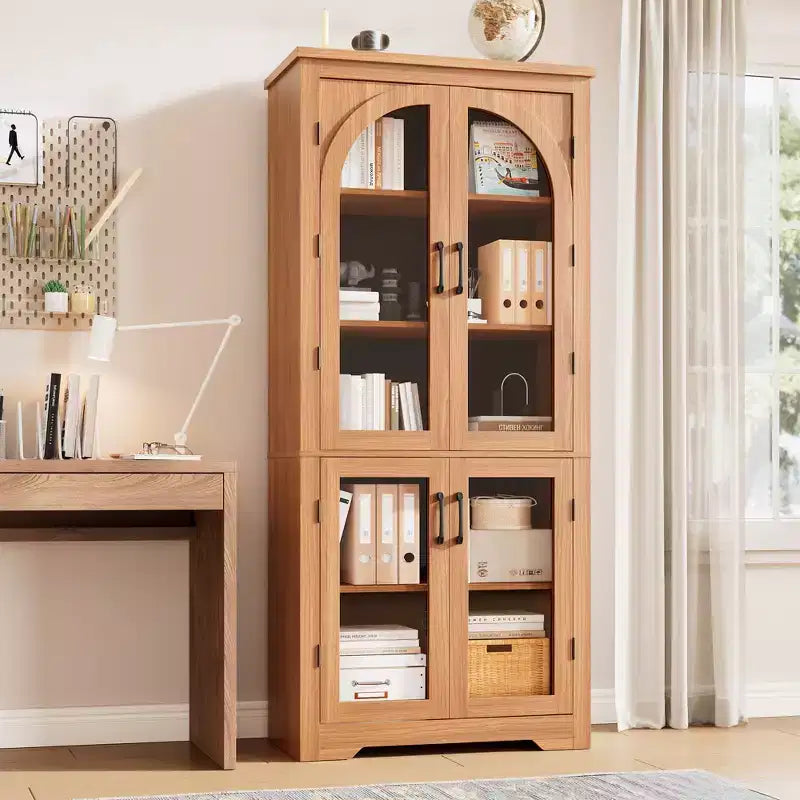 70 hohe Küchenvorratsschrank, moderner Vitrinenschrank mit 4 gewölbten Glastüren und verstellbaren Einlegeböden, für Küche, Wohnzimmer, Esszimmer und Badezimmer