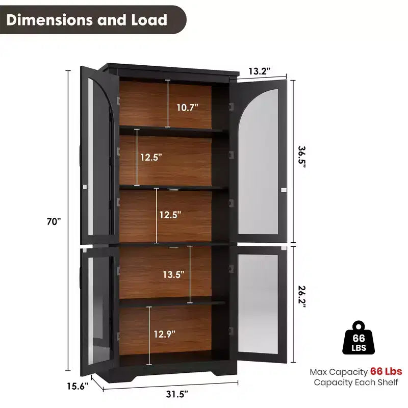 70 hohe Küchenvorratsschrank, moderner Vitrinenschrank mit 4 gewölbten Glastüren und verstellbaren Einlegeböden, für Küche, Wohnzimmer, Esszimmer und Badezimmer