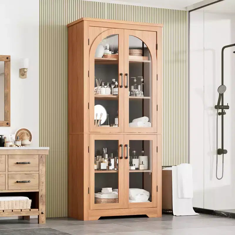70 hohe Küchenvorratsschrank, moderner Vitrinenschrank mit 4 gewölbten Glastüren und verstellbaren Einlegeböden, für Küche, Wohnzimmer, Esszimmer und Badezimmer