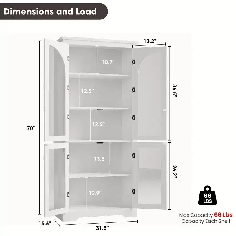 70 hohe Küchenvorratsschrank, moderner Vitrinenschrank mit 4 gewölbten Glastüren und verstellbaren Einlegeböden, für Küche, Wohnzimmer, Esszimmer und Badezimmer