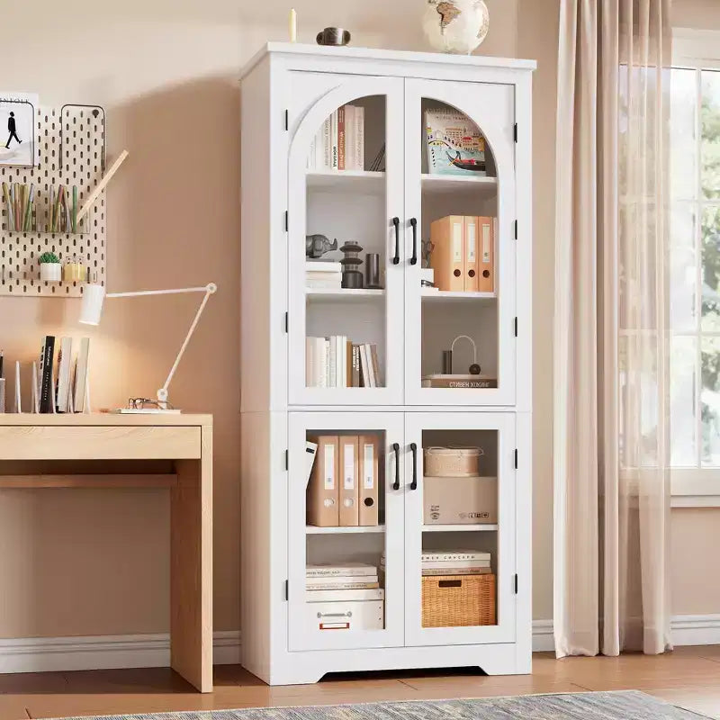 70 hohe Küchenvorratsschrank, moderner Vitrinenschrank mit 4 gewölbten Glastüren und verstellbaren Einlegeböden, für Küche, Wohnzimmer, Esszimmer und Badezimmer