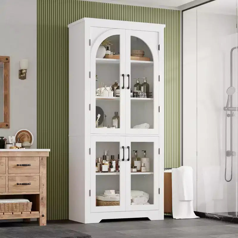 70 hohe Küchenvorratsschrank, moderner Vitrinenschrank mit 4 gewölbten Glastüren und verstellbaren Einlegeböden, für Küche, Wohnzimmer, Esszimmer und Badezimmer