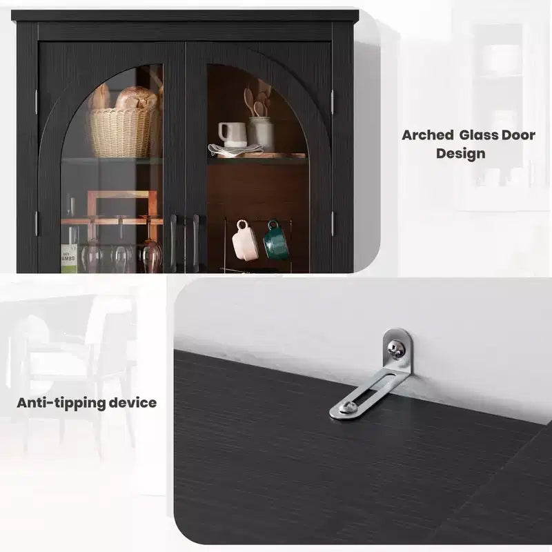 70 hohe Küchenvorratsschrank, moderner Vitrinenschrank mit 4 gewölbten Glastüren und verstellbaren Einlegeböden, für Küche, Wohnzimmer, Esszimmer und Badezimmer