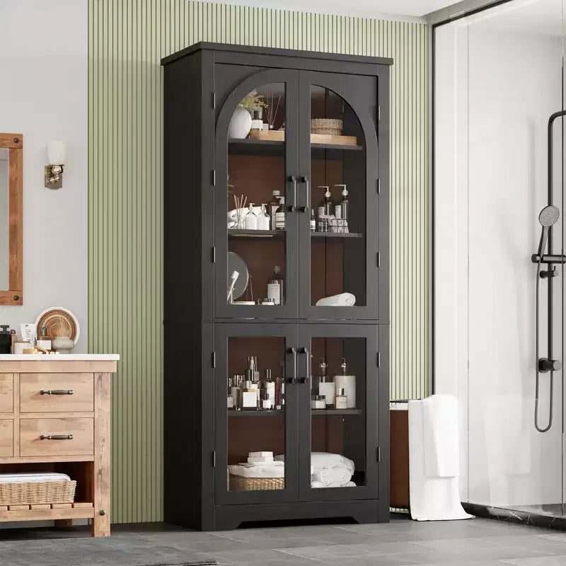 70 hohe Küchenvorratsschrank, moderner Vitrinenschrank mit 4 gewölbten Glastüren und verstellbaren Einlegeböden, für Küche, Wohnzimmer, Esszimmer und Badezimmer