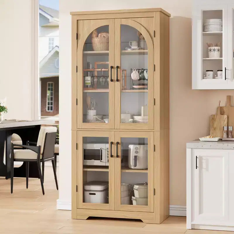 70 hohe Küchenvorratsschrank, moderner Vitrinenschrank mit 4 gewölbten Glastüren und verstellbaren Einlegeböden, für Küche, Wohnzimmer, Esszimmer und Badezimmer