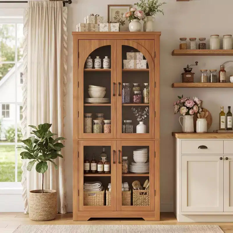 70 hohe Küchenvorratsschrank, moderner Vitrinenschrank mit 4 gewölbten Glastüren und verstellbaren Einlegeböden, für Küche, Wohnzimmer, Esszimmer und Badezimmer