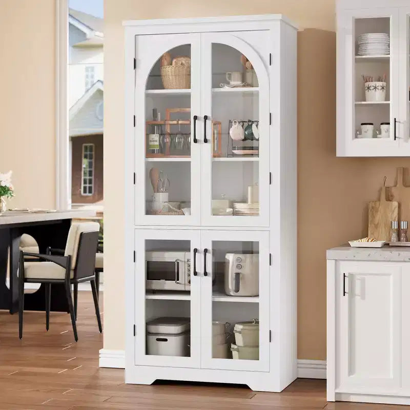 70 hohe Küchenvorratsschrank, moderner Vitrinenschrank mit 4 gewölbten Glastüren und verstellbaren Einlegeböden, für Küche, Wohnzimmer, Esszimmer und Badezimmer